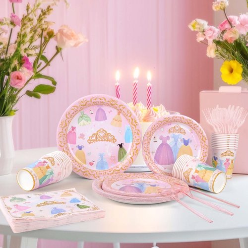 175Pcs Princess Paper Plates Napkins, Princess Themed Birthday Party Decorations Pink Party Supplies Disposable Dinnerware Set Plate, Utensils, Cup, Napkin, Tableware Set, Serve 25 Guests