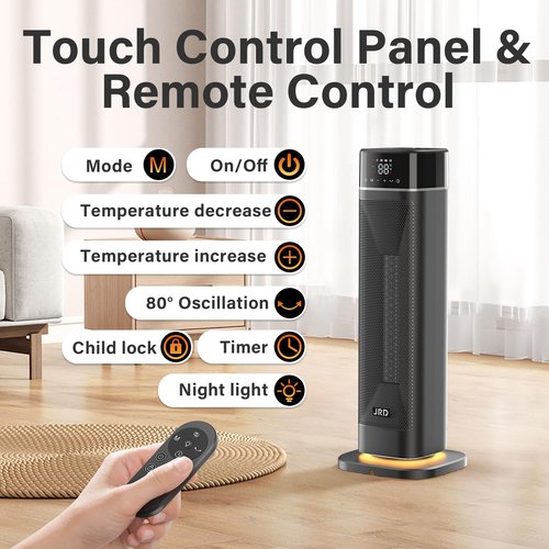 24" Space Heater, JRD Fast Heating Portable Electric Heater with Remote, Night Light, 80° Oscillation,4 Mode, Overheat&Tip-Over Protection, Ceramic Heat for Bedroom Office Indoor