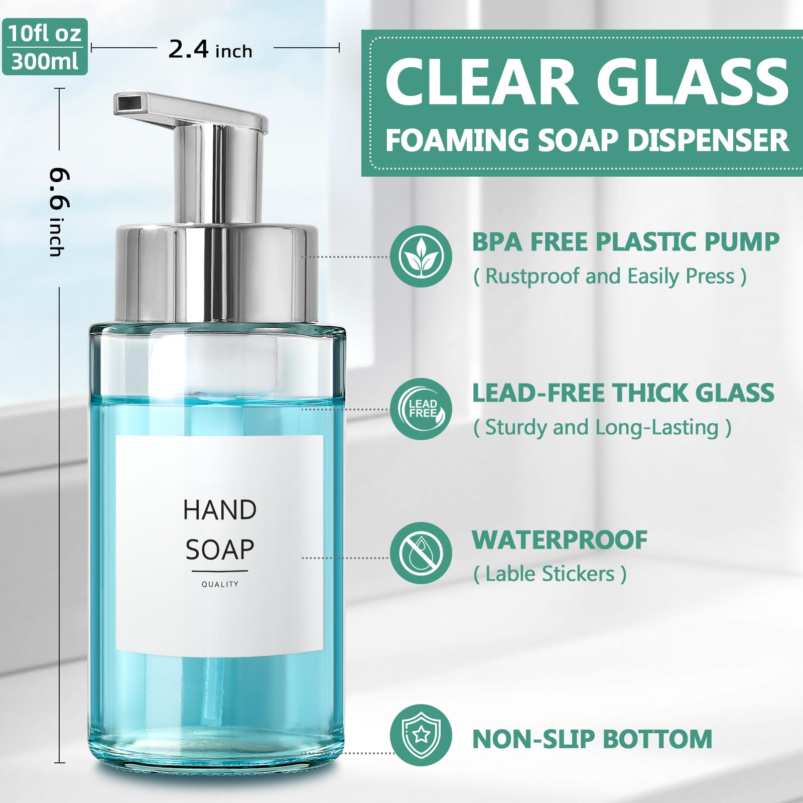 RYTOXILO Glass Soap Dispenser, 10 oz/300ml Foaming Soap Dispenser, 2 Pack Foaming Hand Dispenser for Bathroom & Kitchen, Clear Refillable Foam Soap Bottle with Silver Pump