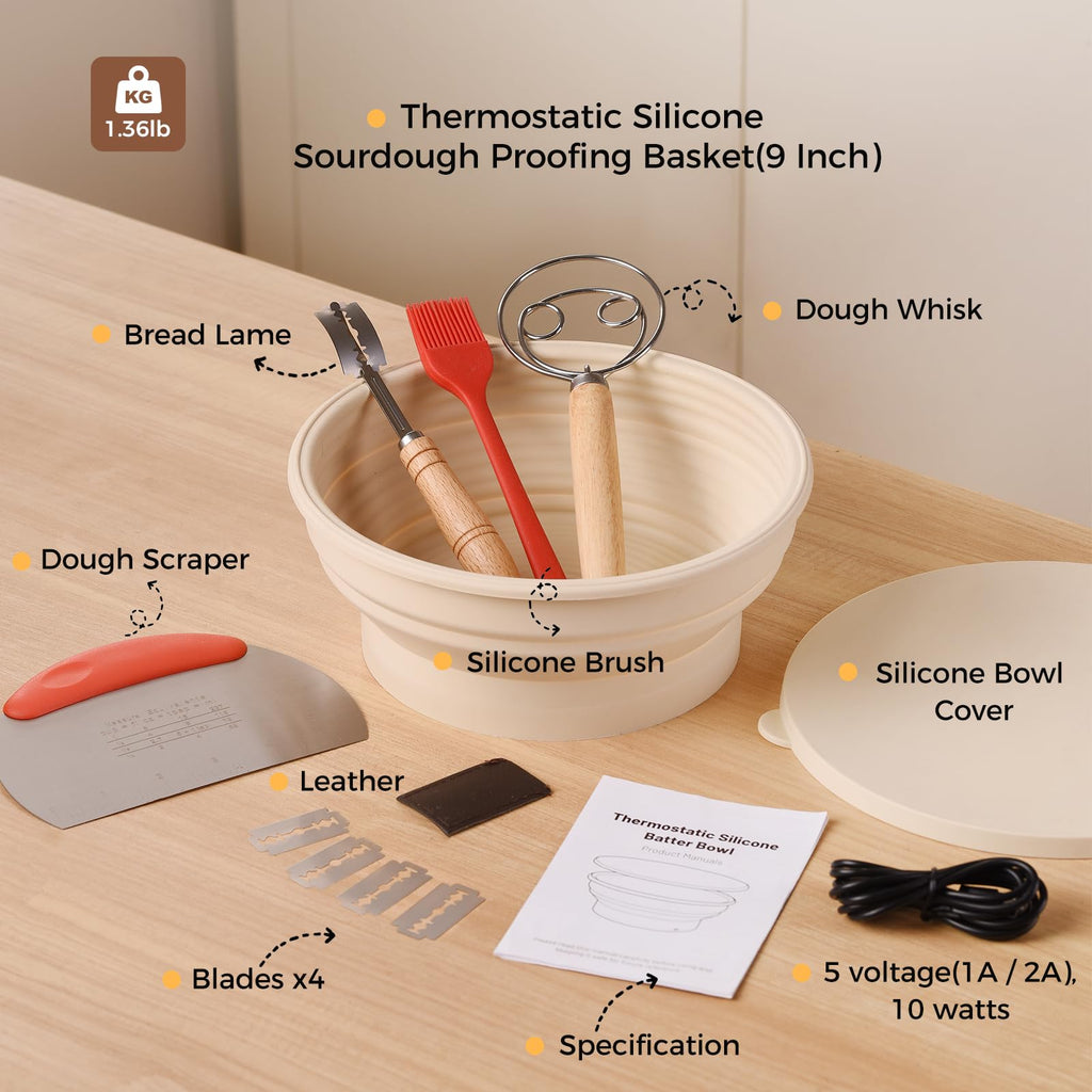 Yacumx Heating Sourdough Bread Proofing Basket Set, Electric Thermostatic Silicone Batter Bowl, Banneton Baking Supplies, 9 Inch Round Foldable Proofing Bowl, White