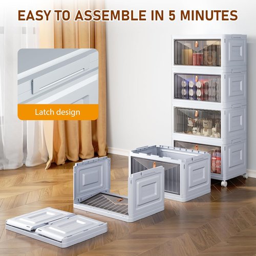 4 Tier Stackable Storage Bins by [Brand Name] - 23 QT Plastic Organizers with Lid & Wheels | Grey Foldable Containers for Home, Craft & Pantry