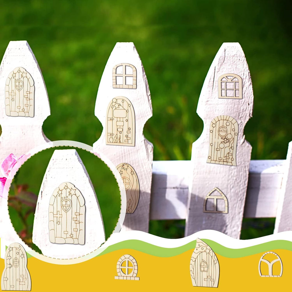 Skiennix Fairy Door Mini Wooden Garden Doors - 64 Pcs Unfinished DIY Craft Kit for Home Decor