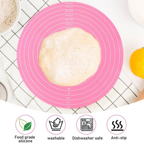 2Pcs Silicone Cake Mat,12 Inch Pink Round Baking Mat with Measurements Reusable Turntable Pastry Mats for Rolling Out Dough Cake Pizza and Cookies