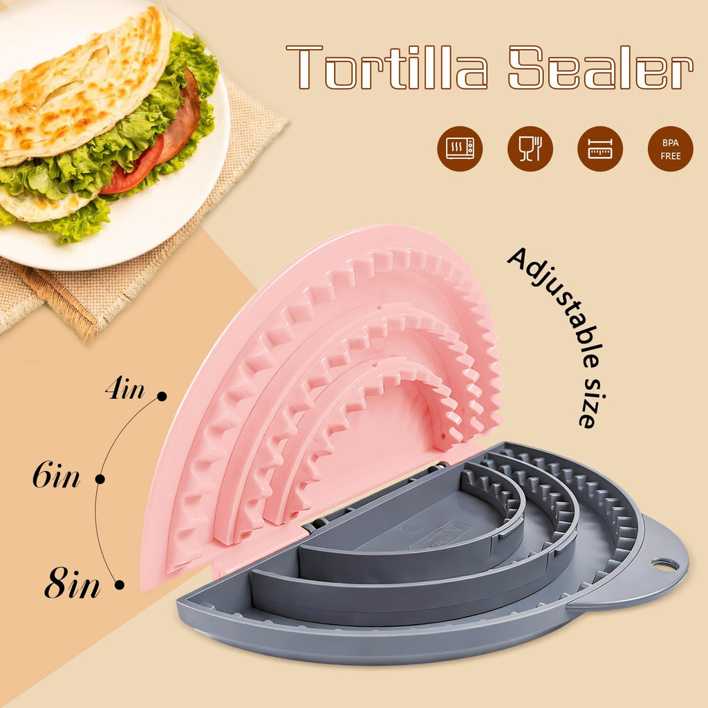 Tortilla Sealer,SELERS,Tacos Tortilla Crimper Maker,Removable & Adjustable 4"- 10" /6"- 12",Quesadilla Crimper for 4''-12'' Wraps,Burritos,Pasties,Tortilla,Dumplings,Sandwich,Grey Pink (4"+6"+8")