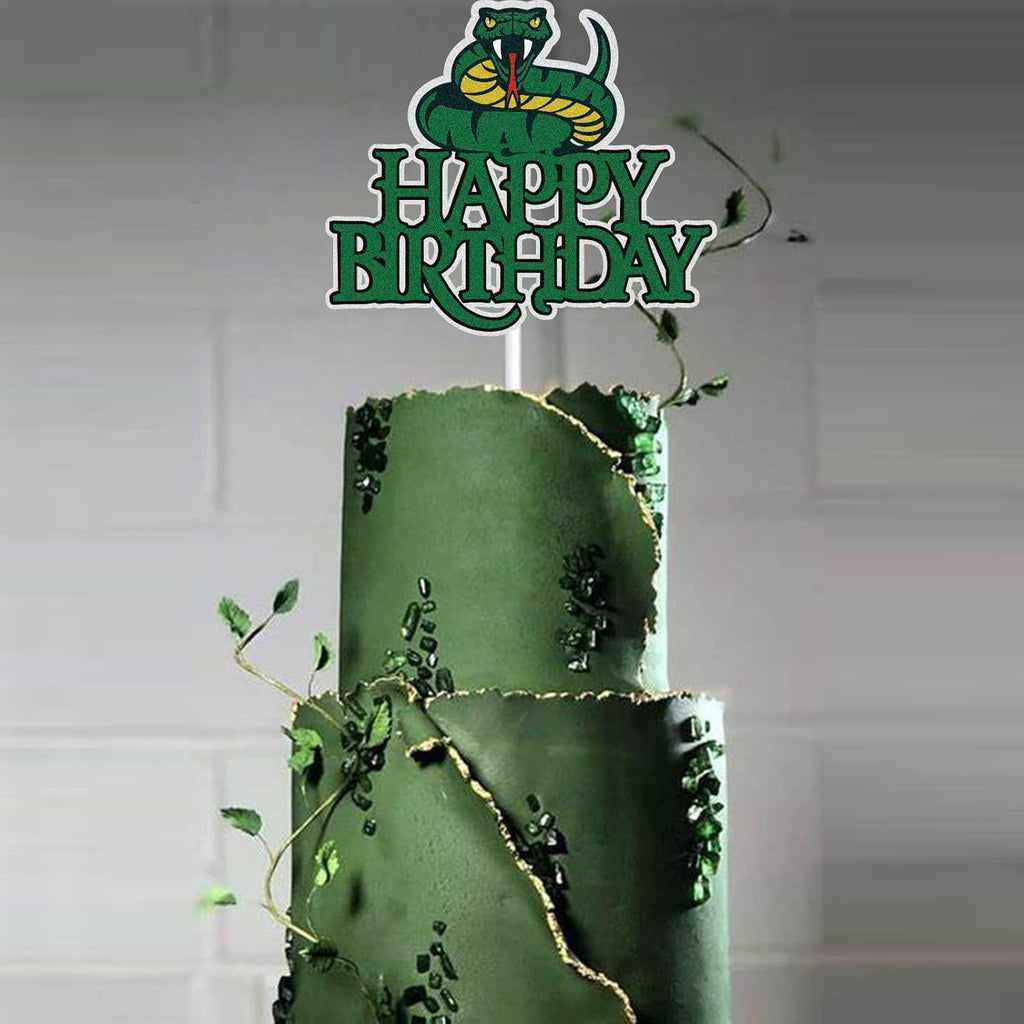 Snake Happy Birthday Cake Topper - Green Glitter Jungle Animal Theme Decoration for Kids & Adults