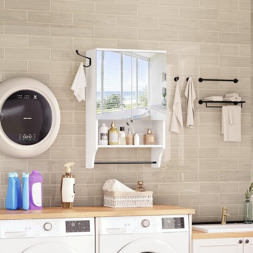 MAHANCRIS Bathroom Wall Cabinet with Mirror, Medicine Cabinet with 2 Door and Adjustable Shelf, Wall Mounted Over The Toilet Storage Cabinet with Towel Bar for Bathroom Laundry Room Kitchen, White