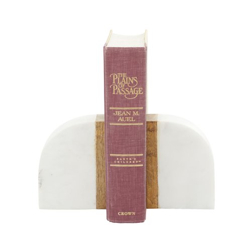 Deco 79 Marble Decorative Bookends 5 lbs Non Skid Bookends with Wood Details, Set of 2 Office Bookends4"W, 5"H, White