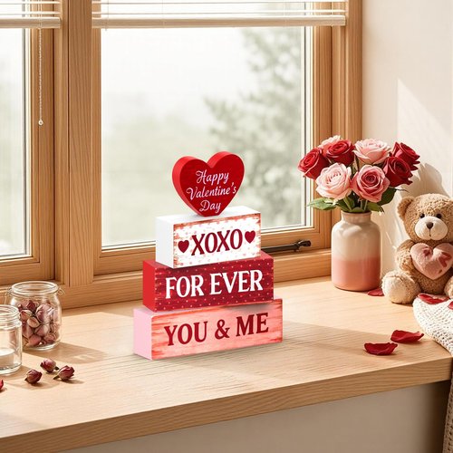 OLANRUN Valentines Day Decorations - 4 Pack Wooden Block Heart Set Signs Valentines Day Table Decor - 7.8 Inch Valentine's Decorations for Home Office Bedroom Tiered Tray Fireplace Mantel