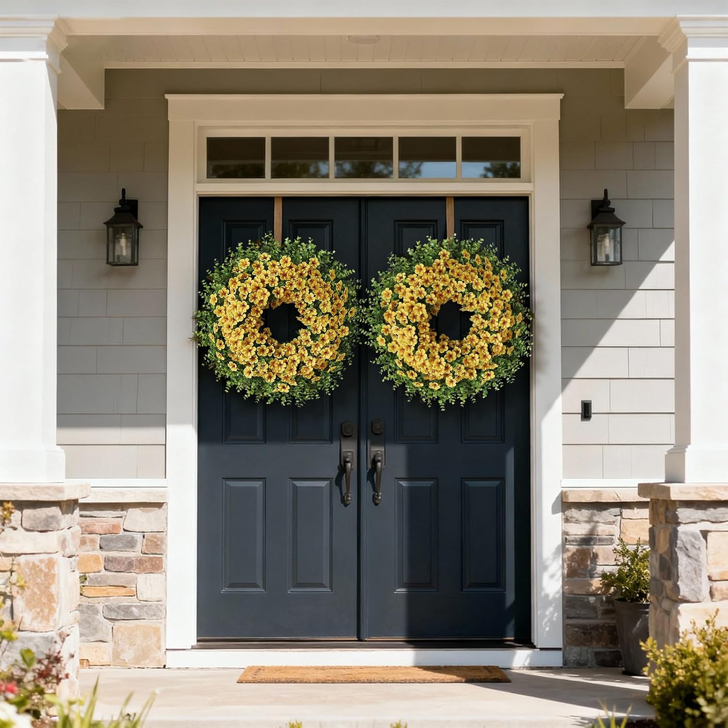 Skiennix 26" Large Artificial Eucalyptus Wreath - Realistic Faux Silk Morning Glory Flowers for Home & Wedding Decor (Yellow)