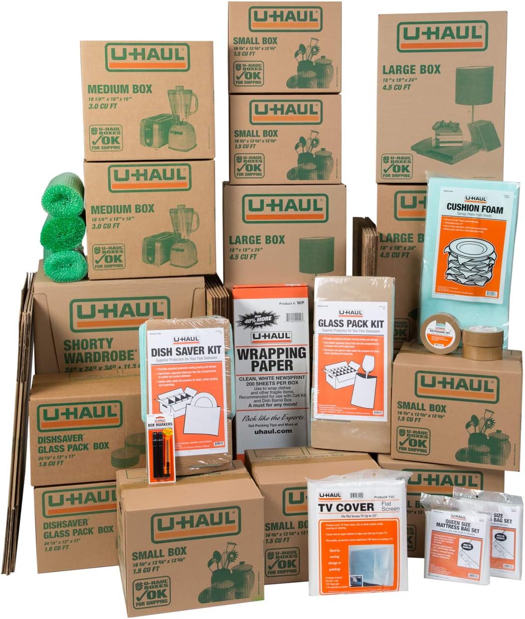 U-Haul Moving Kit - 36 Boxes, 2 Wardrobe Boxes, Dish Packing Kits & Mattress Bags Included