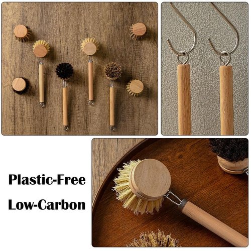 SUPRNN Bamboo Dish Brush with Handle, 1 Sturdy Wooden Handle with 3 Natural Bristle Heads, Horsehair, Sisal, Palm - All Purpose Kitchen Scrubber, Bamboo Wok Brush, Fruit and Veggie Scrubber