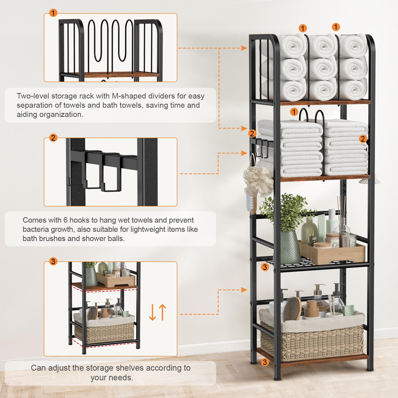 Snughome Towel Rack Free Standing 4-Tier M-Shaped Detachable Dividers, Metal Towel Storage Shelf for Bathroom, Pool Towel Rack Holder, Space-Saving Storage Organizer, Modern Bath Towel Storage Holder
