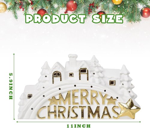 Bdor Lighted Ceramic Christmas Village Decor - 11" White LED House with Golden "Merry Christmas" Sign | Battery Operated Holiday Tabletop Decoration