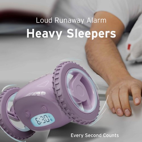 CLOCKY Alarm Clock on Wheels – Loud Rolling Alarm Clock for Heavy Sleepers | Runaway Clock that Jumps & Runs to Wake You Up | Funny Unique Gift for Adults & Teens (Lavender)