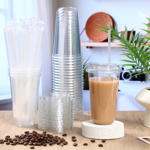 Ziliny 50 Sets Crystal Plastic Cups with Lids and Straws, Disposable Iced Coffee Cups Bulk PET for Wine, Cocktail, Smoothie, Milkshake, Cold Drinks, Juice, Wedding, Birthday, Coffee Shop, Party (18oz)