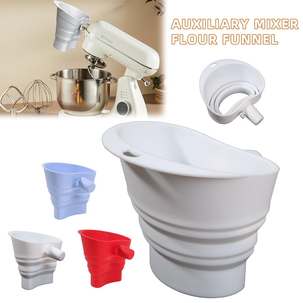 Skiennix Flour Funnel for KitchenAid Mixer - Easy Pour Silicone Kitchen Funnel | Dishwasher Safe (White)