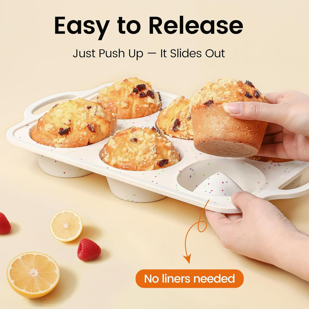 Skiennix Jumbo Muffin Pan Set - Non-Stick Food Grade Silicone | 6 Cup with Metal Frame & Handles, BPA-Free