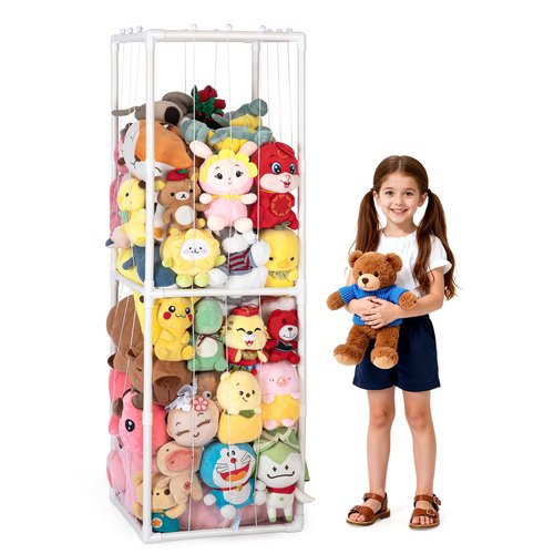 Stuffed Animal Storage,PVC Tube Zoo Stuffed Animal Holder with Elastic Band,Space Save Vertical Kids Plush Toy Organizer,Ideal for Boys Girls Nursery Playroom Kidroom Bedroom-White