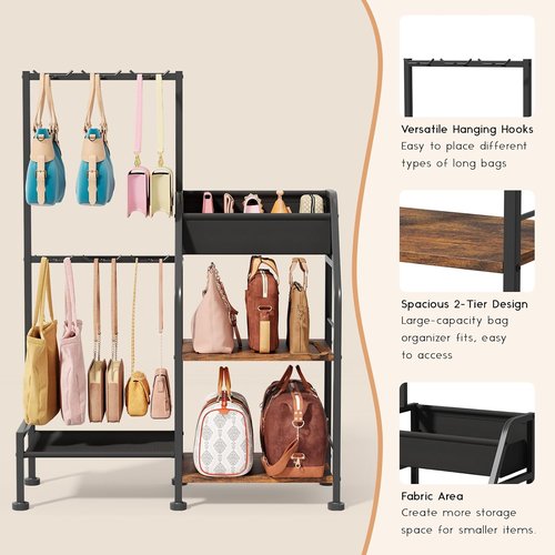 Homsorout Purse Organizer for Women - 3-Tier Storage Stand with 12 Fixed Hooks | Space-Saving Black Rack