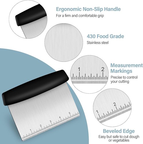 Ecavria Premium Stainless Steel Bench Scraper - Versatile Dough Cutter Set with 2 Flexible Bowl Scrapers