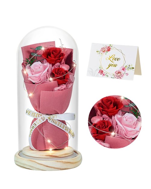 HVY Preserved Flowers Bouquet with Red and Pink Roses in Glass Dome, Perfect for Valentines Day, Anniversary, Birthday, Mothers Day or Christmas