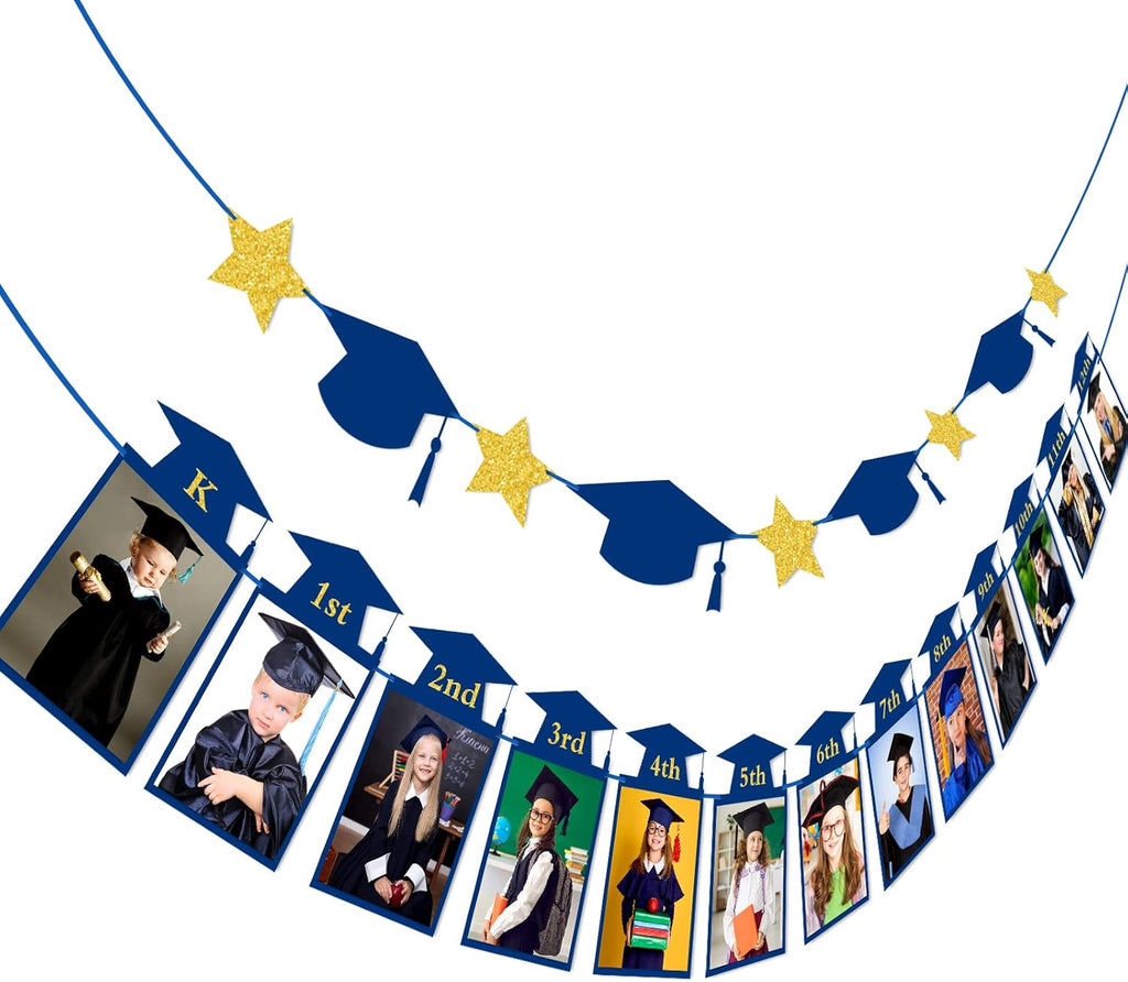 Whaline Graduation Photo Banner - Congrats Grad Bunting with Blue Gold Glitter | 5 x 7 Inch, No DIY Required