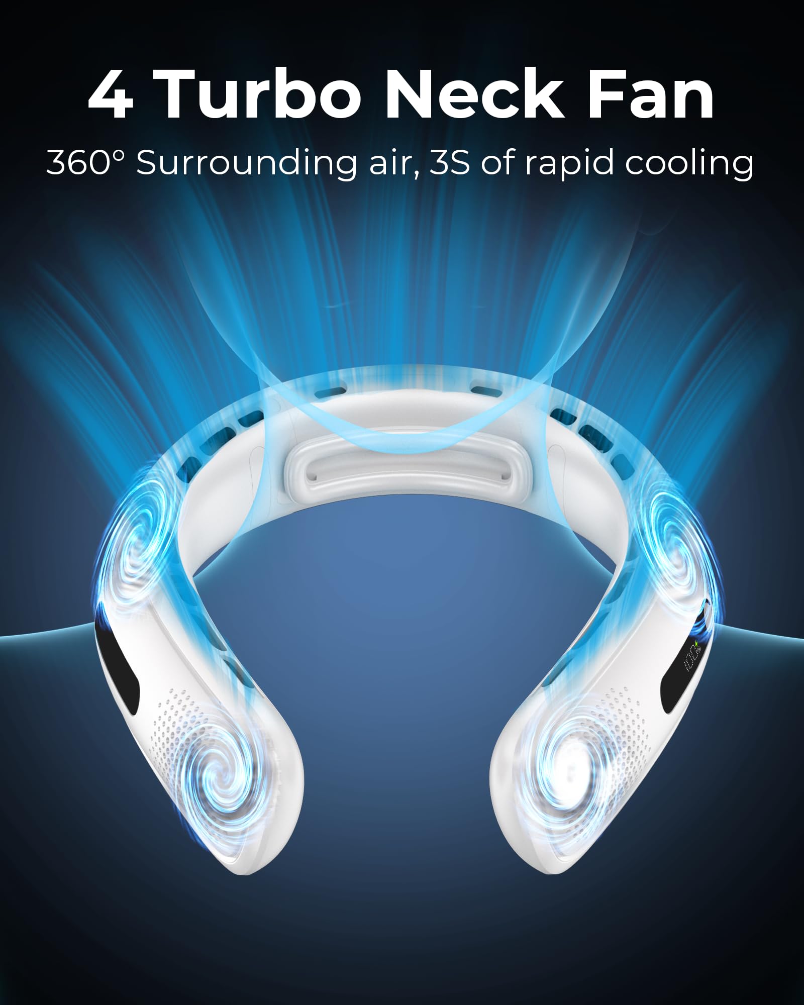 Jkjoy Portable Neck Fan, 4 Turbo Bladeless Neck Fan, 4000 mAh Battery Operated USB Rechargeable Personal Fan, 360° Cooling Hands Free Fan, 3 Speeds, LED Display, Wearable Fan for Office Travel Gifts