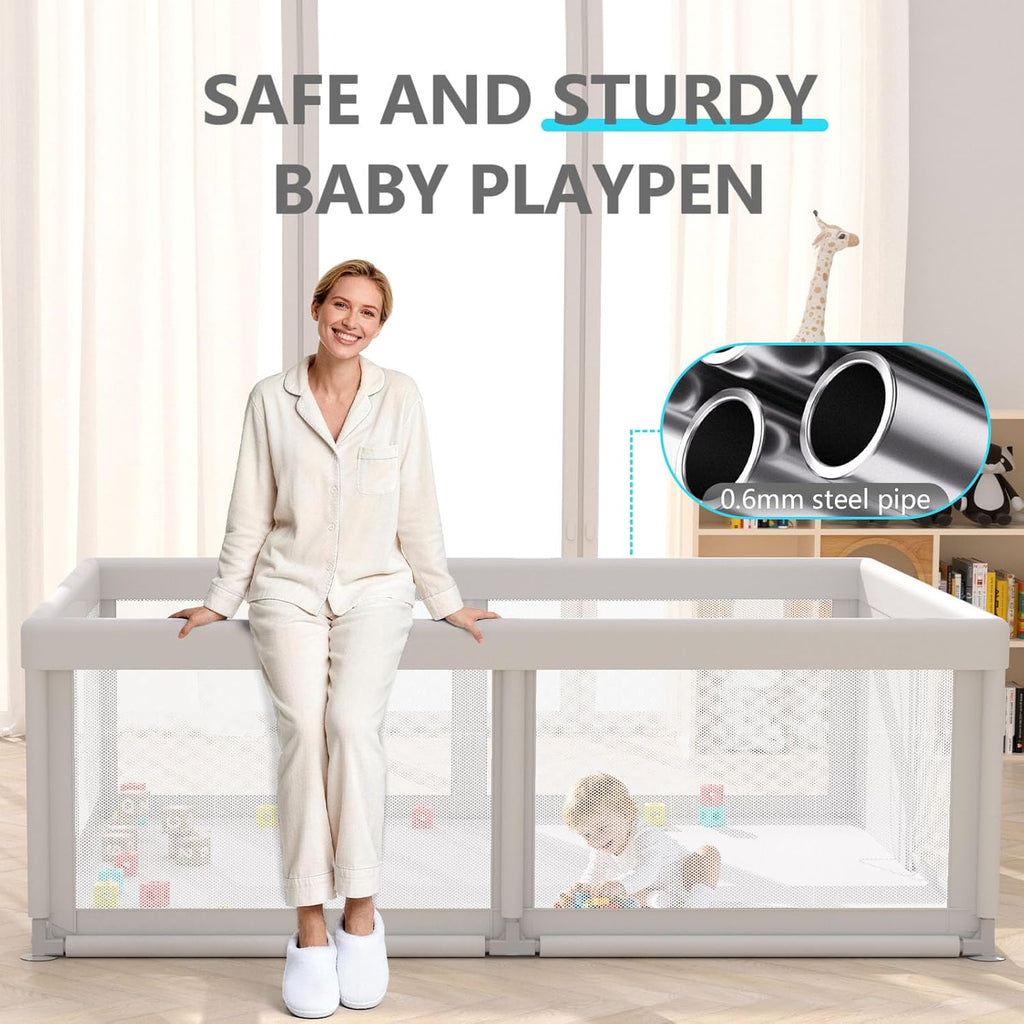 Skiennix Baby Playpen - Breathable Mesh Indoor & Outdoor Play Yard for Toddlers - Grey