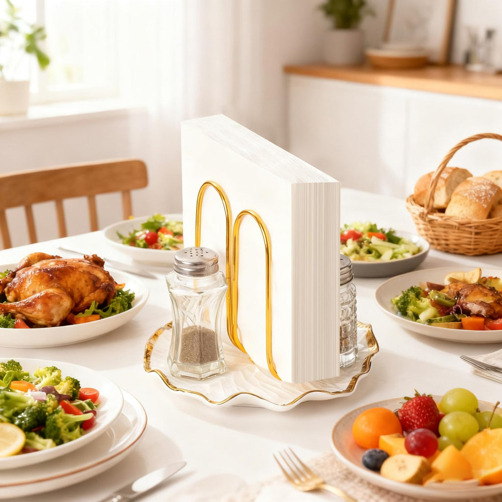 Modern Standing Napkin Holder for Table， Ceramic Gold Napkin Holders for Christmas Paper Napkins， Xmas Cocktail Tissue Dispenser,Servilleteros para Mesas for kitchen, dining, counter tops, outdoors
