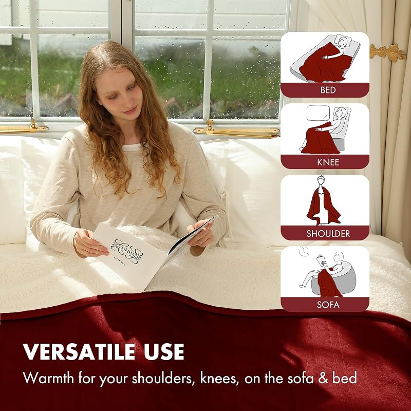 Electric Heated Throw Blanket Red 50" x 60" Flannel Sherpa - 5 Heating Levels, ETL