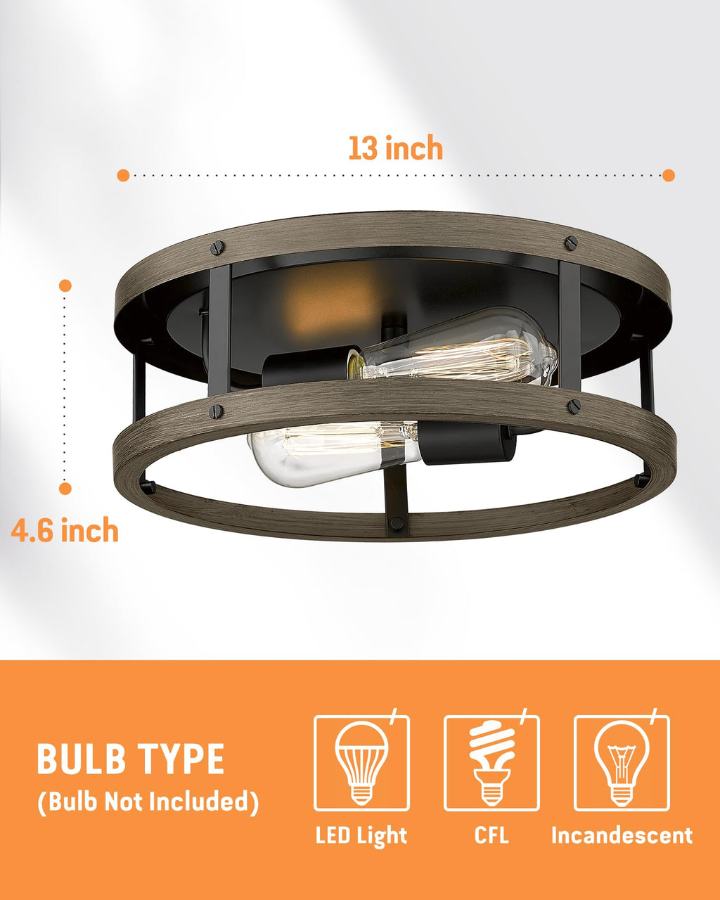 EAPUDUN Farmhouse Flush Mount Ceiling Light, 13" Imitation Wood 2-Light Fixture, Retro Style Lamp for Hallway, Entryway, Bedroom, Kitchen, Dining Room (FMA1138-FBDT)