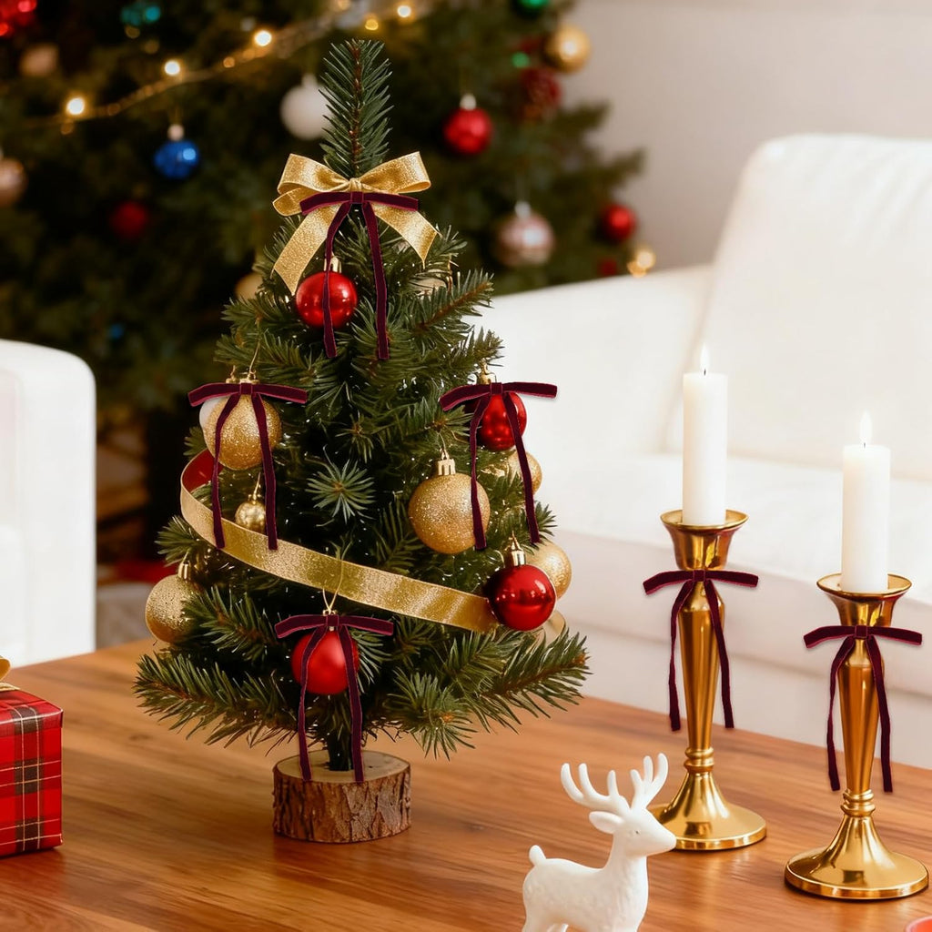 Regine Switzerland 24 Pcs Burgundy Velvet Bows - Elegant Christmas Tree Ornaments (5"x7", 3/8" Wide)