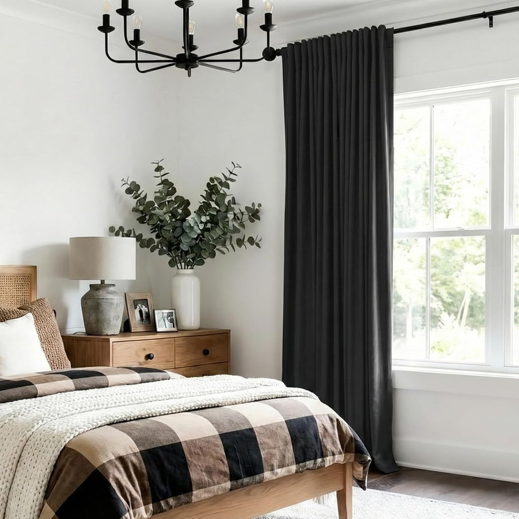 Skiennix 100% Blackout Linen Curtains - Thermal Insulated Drapes for Bedroom | 84" Long, Black, 1 Panel Set
