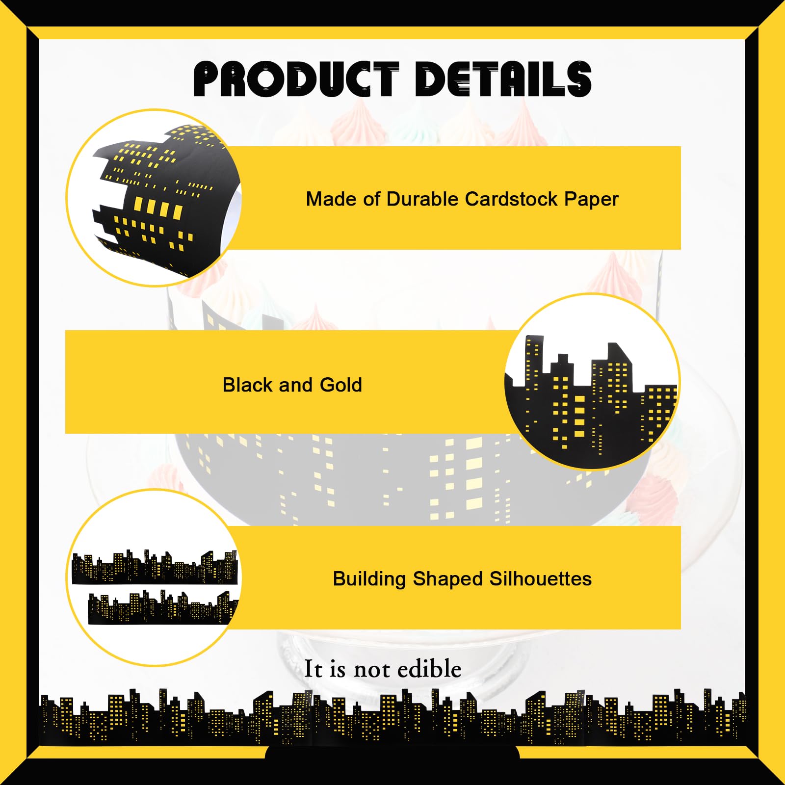 Janlaugh 2 Roll Skyscraper Cake Border Decoration Toppers Stick On or Lay On City Skyline Cake Decor Skyscraper Building Scenic Birthday Accessories for Bday Party Supplies (Skyline, Yellow)