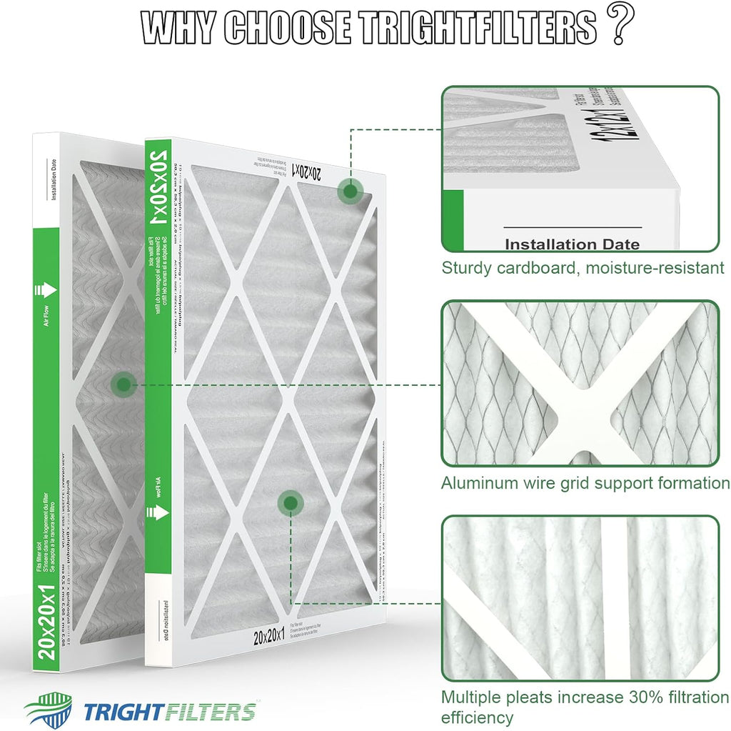 TRIGHTFILTERS 20x20x1 Air Filter - Durable MERV 8 Pleated HVAC Replacement | 2 Pack, Lightweight Design