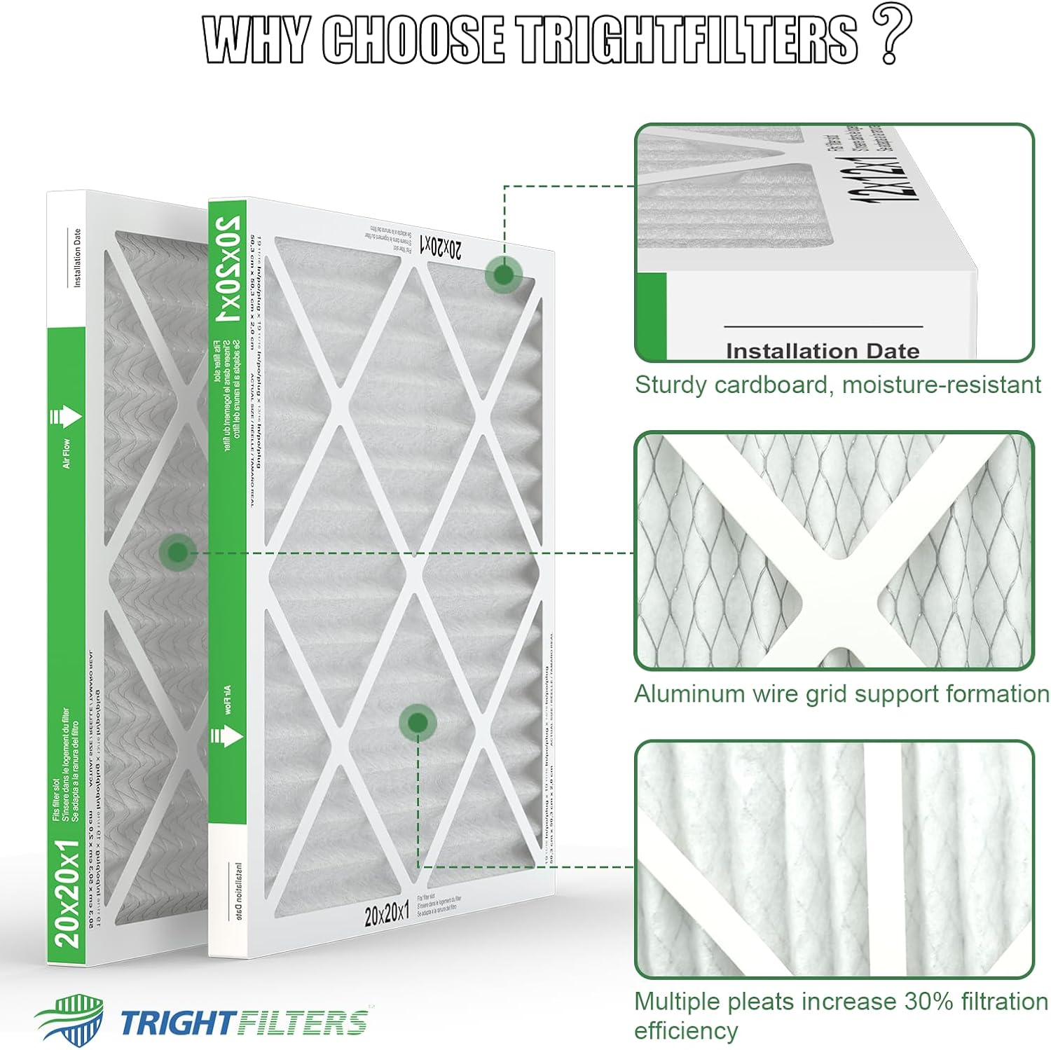 TRIGHTFILTERS 20x20x1 Air Filter - Durable MERV 8 Pleated HVAC Replacement | 2 Pack, Lightweight Design