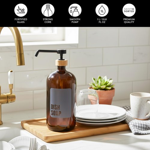 SAVVY & SORTED Amber Glass Dish Soap Dispenser for Kitchen Sink 1 Liter, Large Kitchen Soap Dispenser Set with Permanent Label, Refillable Glass Bottle for Dish Washing Liquid, 34 Fl Oz