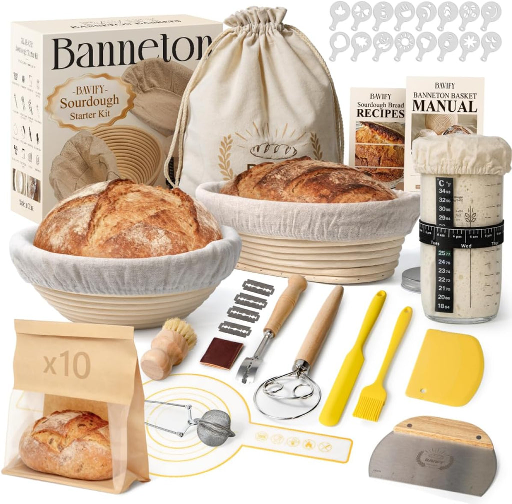 Skiennix Sourdough Starter Kit - Complete Baking Supplies with Banneton Baskets, Dough Scraper & Recipe