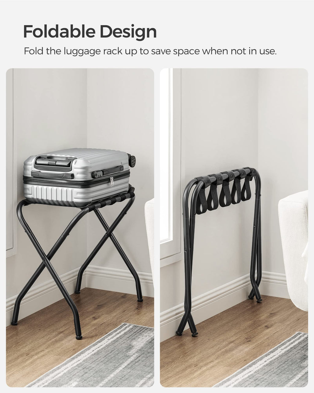 SONGMICS Luggage Rack, Pack of 2, Luggage Racks for Guest Room, Suitcase Stand, Steel Frame, Foldable, for Bedroom, Black URLR64B-2