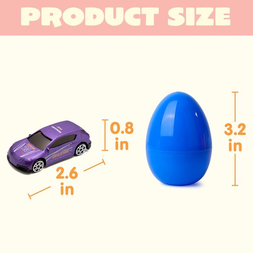 JOYIN 12 Pcs Die-Cast Car Filled Big Easter Eggs, Bright Colorful Prefilled Plastic Eggs with Different Die-cast Cars for Boys, Basket Stuffers and Kids Party Favors