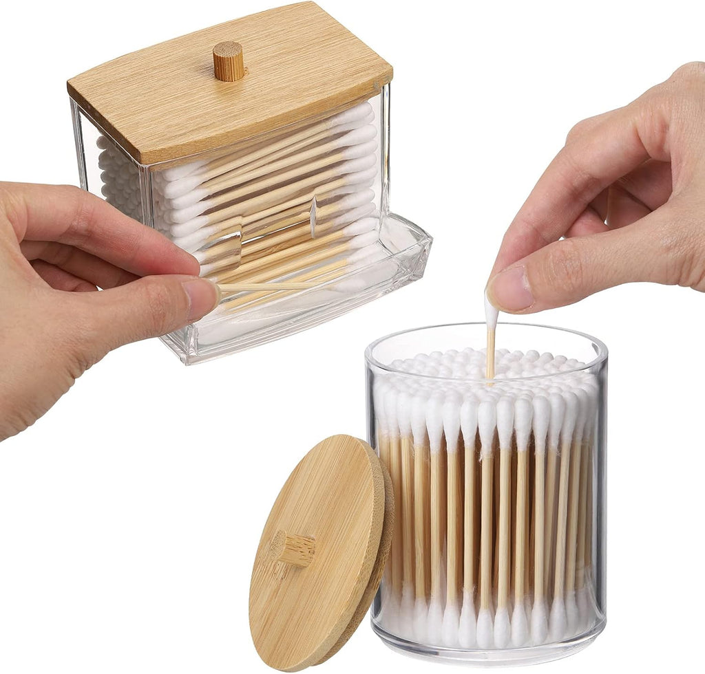 Tbestmax Cotton Swabs Holder - Stylish Apothecary Jar Organizer with Wood Lid | 10/7 Oz Capacity