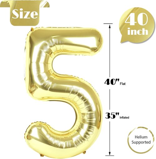 Light Gold Number 5 Balloon - 40 Inch Giant Foil Balloon for 5th Birthday Party Decorations