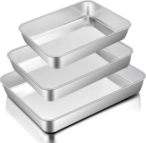 E-far Stainless Steel Baking Pans Set - 3 Rectangular Bakeware (12.5/10.5/9.4 Inch) | Non-Toxic & Dishwasher Safe