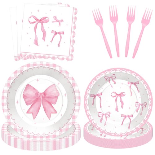 100 Pcs Pink Ribbon Bow Party Supplies Set - Serves 25, Watercolor Disposable Tableware, Includes Paper Plates, Napkins, Forks for Wedding, Bachelorette, Birthday, Girl’s Coquette-Style Themed Favors