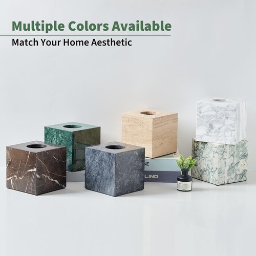 Real Natural Marble Tissue Box Cover, 5.5 Inch Square Marble Tissue Box Holder with Open Bottom, Heavy Stone Decorative Organizer for Bathroom Vanity, Kitchen Countertop, Luxury Home Décor