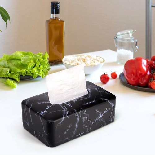 Nagpew Tissue Box Holder, Rectangular Napkin Dispenser Box Cover, Black Faux Marble Facial Dryer Sheet Towel Organizer Case for Bathroom, Bedroom, Restaurant, Cars