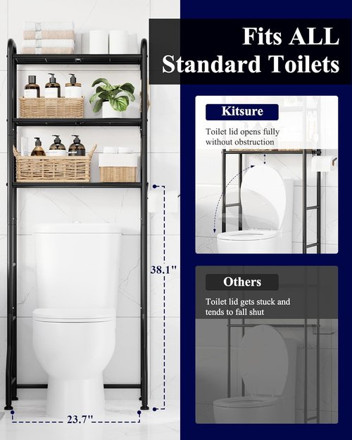Kitsure Over Toilet Storage Rack - Metal Bathroom Organizer Shelf with Paper Holder & Hooks | Black, 3 Tiers (63.2" H)