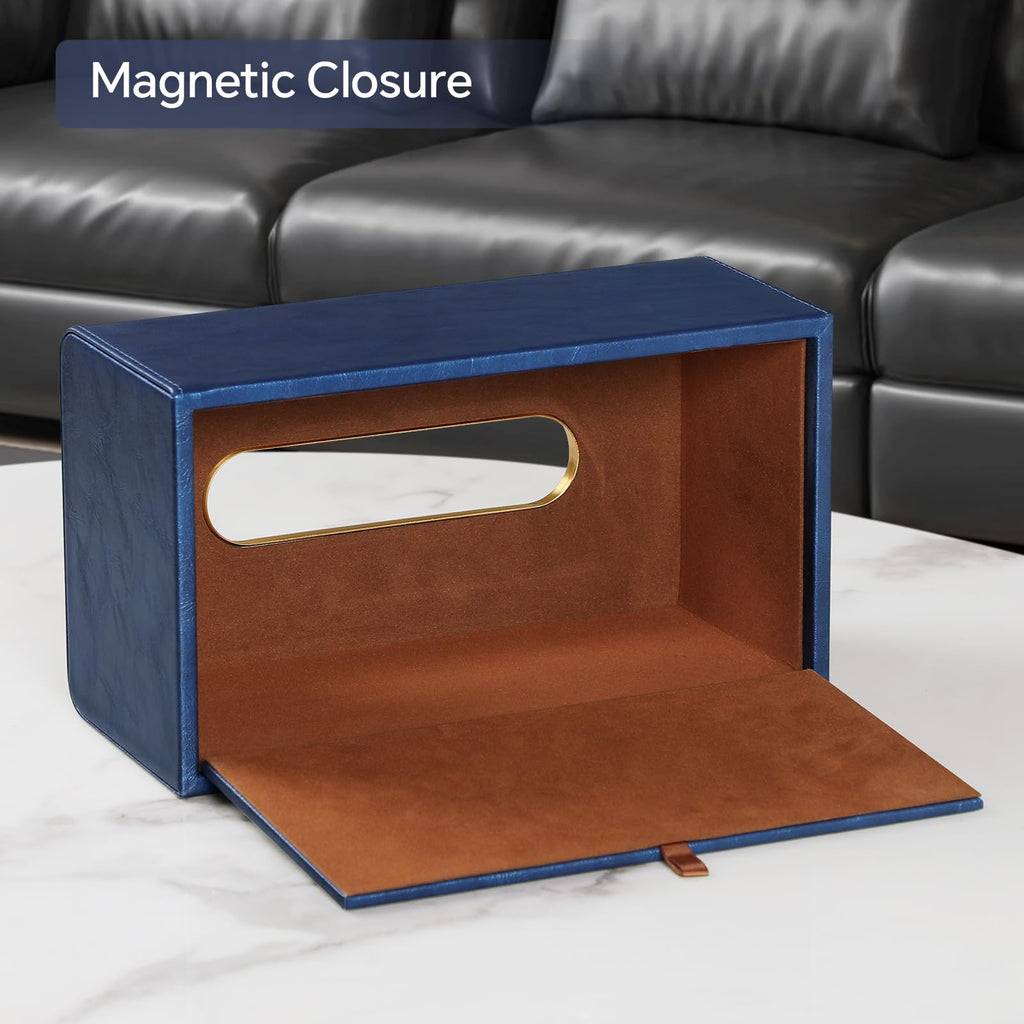 MEIBOOCH PU Leather Tissue Box Cover Rectangular Tissue Box Holder for Boxes Up to 3.9" Tall, Decorative Rectangle Tissue Cover for Bathroom Living Room Car Office (Navy Blue)