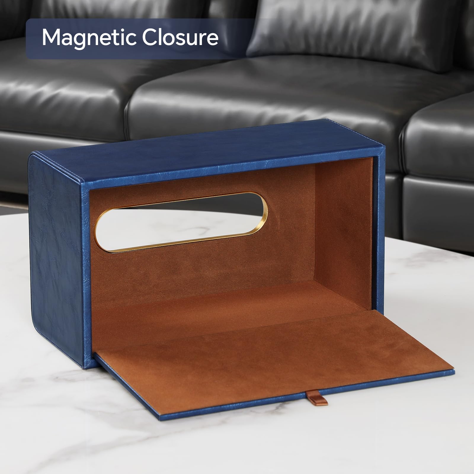 MEIBOOCH PU Leather Tissue Box Cover Rectangular Tissue Box Holder for Boxes Up to 3.9" Tall, Decorative Rectangle Tissue Cover for Bathroom Living Room Car Office (Navy Blue)