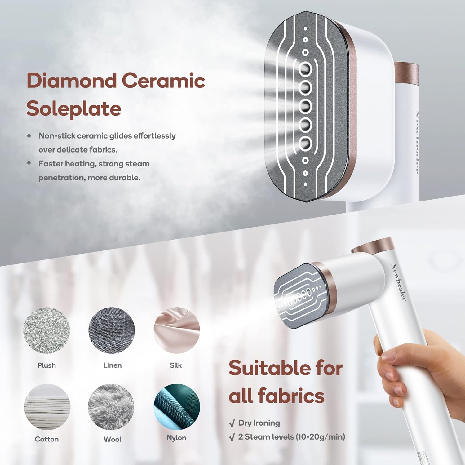 Newbealer Portable Clothes Steamer - 1200W Fast Heat-Up, 2 Steam Levels, Vertical & Horizontal Use, 302°F Wrinkle Remover